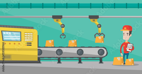 Caucasian engineer checking work of automated robotic production line for packaging of products in boxes. Robotic arm working on production line. Vector flat design illustration. Horizontal layout.