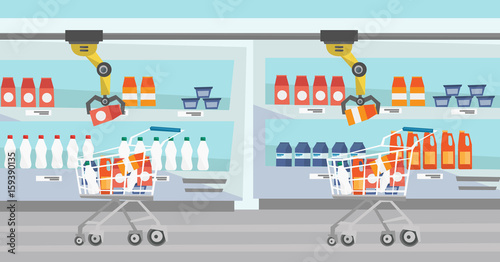 Robotic arm putting groceries in shopping trolley in supermarket. Robotic arm choosing groceries in supermarket. Concept of robotic technologies. Vector flat design illustration. Horizontal layout.
