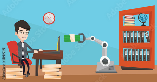 Caucasian engineer programming a robotic hand on his laptop in office. Engineer receiving a profit from the development of robotic technologies. Vector flat design illustration. Horizontal layout.