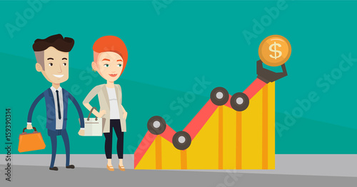 Caucasian businessman and businesswoman looking at profit chart with robotic arm. Concept of receiving a profit from the use of robotic technologies. Vector flat design illustration. Horizontal layout