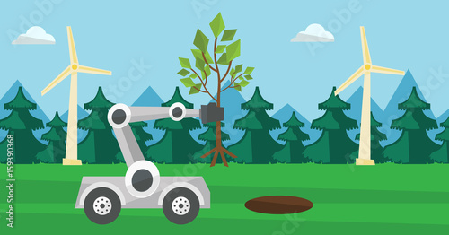 Robot machine plants a big tree.