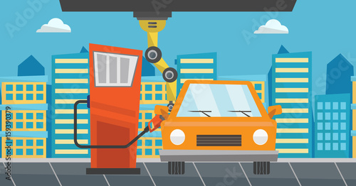 Robot filling up fuel into car at the gas station.