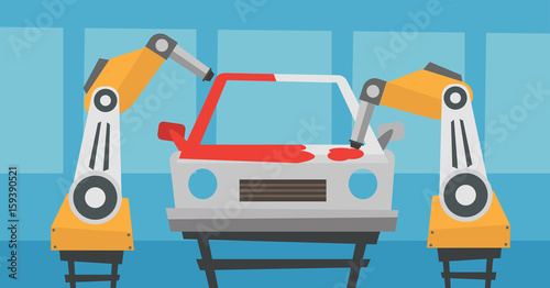 Robotic arm painting car in a production line.
