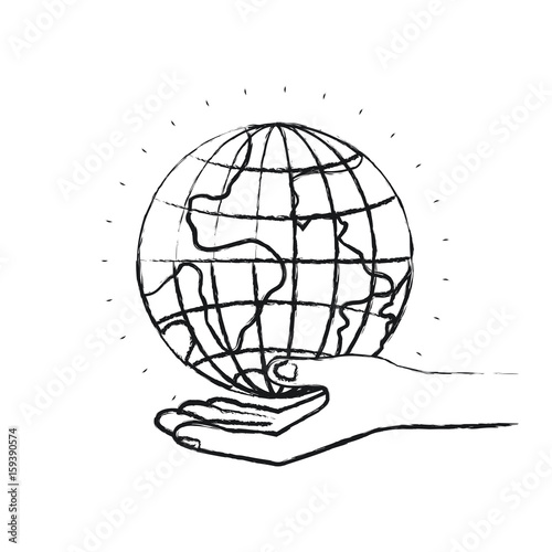 blurred silhouette hand palm giving a earth globe world charity symbol vector illustration