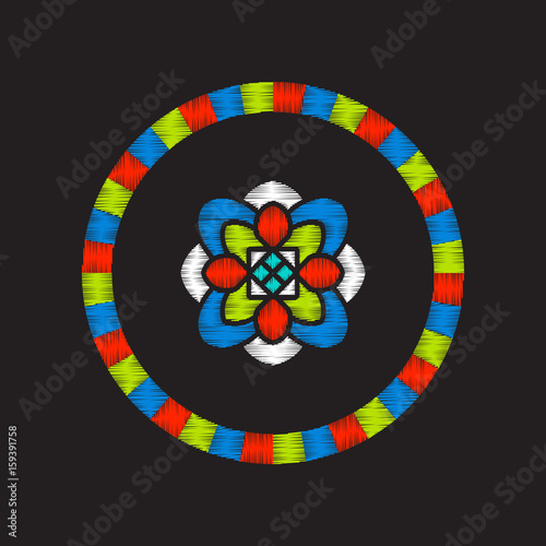 Embroidery with tibet mandala on black background. Stock vector illustration.