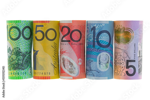 Rolls of Australia Banknote. Different Australian dollars money isolated on white background. photo