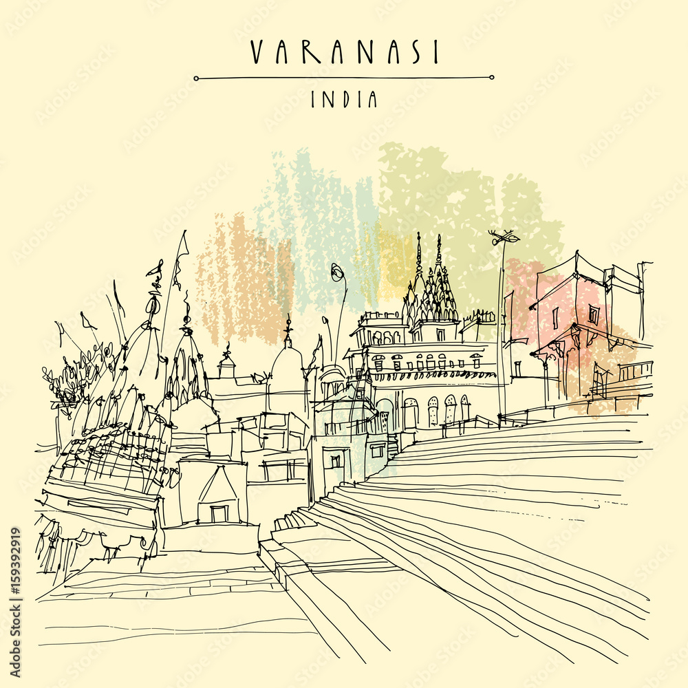 Ghat in Varanasi, India. Hand drawn architectural cityscape. Vintage artistic postcard Ghat in Varanasi, India. Hand drawn architectural cityscape. Vintage artistic postcard