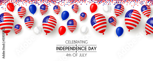4th fourth of July, United Stated (USA) independence day greeting, typographic design. United states of America. Fourth of July. Banner, border with stars, balloons, fireworks,confetti, ribbon.