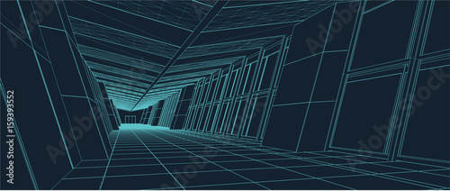 Hallway with sloping glass walls