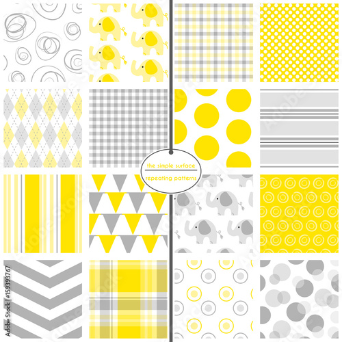 Yellow and grey seamless pattern set. Repeating patterns for baby shower, backgrounds, fabric, gift wrap, and more. Elephants, bunting, polka dots, stripes, gingham, plaid, argyle and chevron prints.