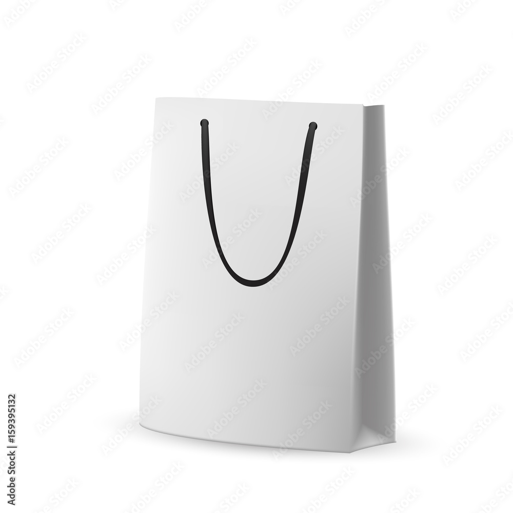 Vector Packaging: White-gray paper bag with black string on white isolated  background. Mock-up template ready for design. Handles down. Stock Vector |  Adobe Stock