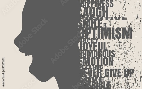 Face side view. Elegant silhouette of a female head. Vector Illustration. Monochrome gamma. Surprised beautiful woman smiling with open mouth. Emotions relative tags cloud. Grunge distress texture