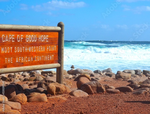 Signs place of Cape of Good Hope with rock beach near Atlantic Ocean background, Cape Point, Cape Town, South Africa ,check point