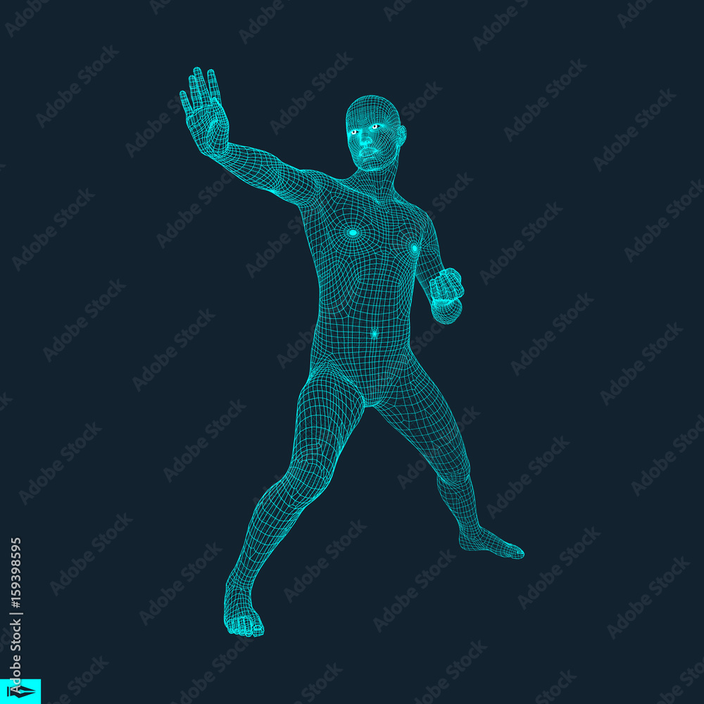 Vector man with hand up to stop. Human showing stop gesture. 3D model of man. 3D vector illustration. Vector man with hand up to stop. Human showing stop gesture. 3D model of man. 3D vector illustration.