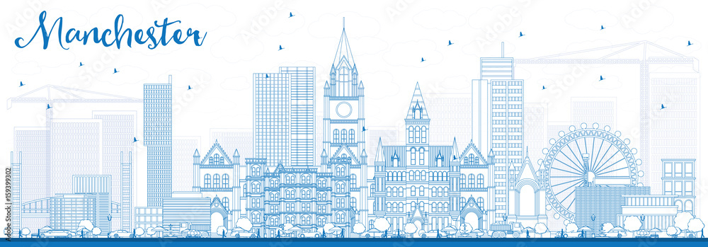 Outline Manchester Skyline with Blue Buildings.