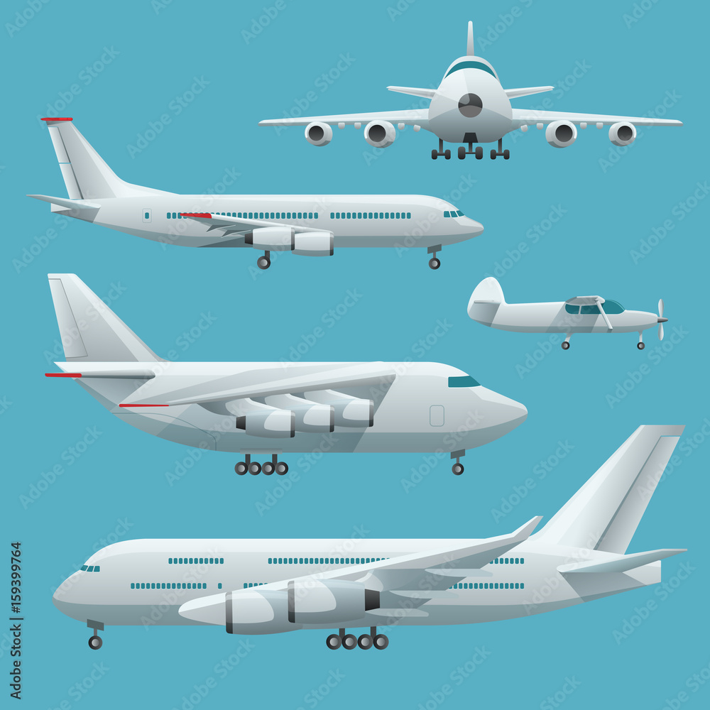 Aircraft, airplane, airliner passenger commercial, private, business jet and cargo. Modern flat style set of aircraft icon.