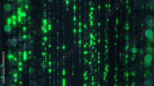Green matrix rain of digital HEX code on computer screen