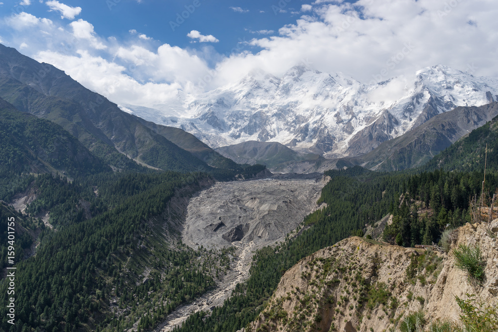 Naklejka premium Nanga Parbat mountain massif in cloudy day, Fairy Meadow, Chilas, Pakistan