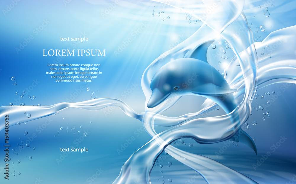 Naklejka premium Transparent ilustracji wektorowych z przepływami, bąbelkami krystalicznie czystej wody i delfinem na jasnoniebieskim tle