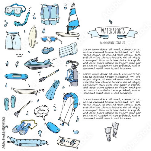 Hand drawn doodle Water sports icons set. Vector illustration, isolated symbols collection, Cartoon various elements: jetski, wakeboard, waterski, surfing, kayak, kitesurfing, paddle, parasailing