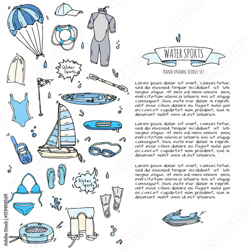 Hand drawn doodle Water sports icons set. Vector illustration, isolated symbols collection, Cartoon various elements: jetski, wakeboard, waterski, surfing, kayak, kitesurfing, paddle, parasailing