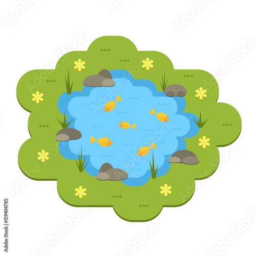 Cartoon vector garden pond illustration with water, plants and animals.