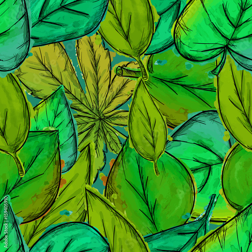 Seamless Pattern of Green Leaves Watercolor Overlap
