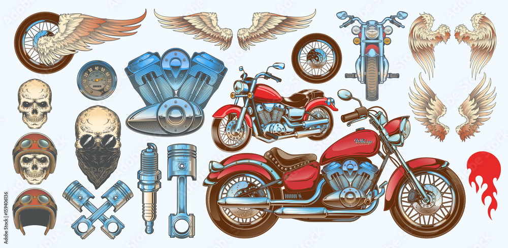 Obraz premium Ustaw kolor ilustracje wektorowe, ikony ręcznie rysowane rocznika motocykla pod różnymi kątami, czaszki, skrzydła w stylu grawerowania. Klasyczny chopper w stylu tuszu. Drukuj, grawerowanie, szablon, element projektu