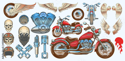 Set vector color illustrations, icons of hand-drawn vintage motorcycle in various angles, skulls, wings in style of engraving. Classic chopper in ink style. Print, engraving, template, design element