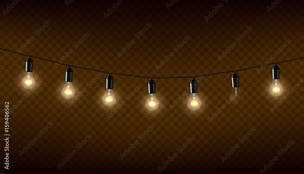 Vector garland of lamps on brown transparent background.