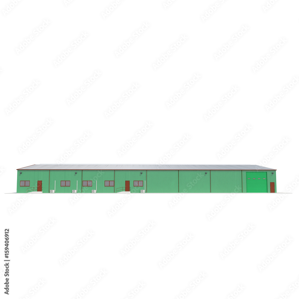 Facade of green storage warehouse with closed gate isolated on white. 3D illustration