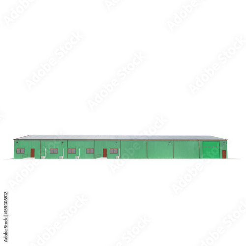 Facade of green storage warehouse with closed gate isolated on white. 3D illustration