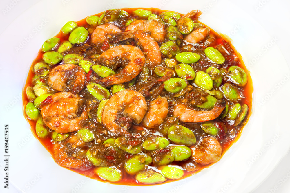Fried Parkia speciosa seed with shrimp and chili paste source the Southern Thailand delicious food. Fried Parkia speciosa seed with shrimp and chili paste source the Southern Thailand delicious food.