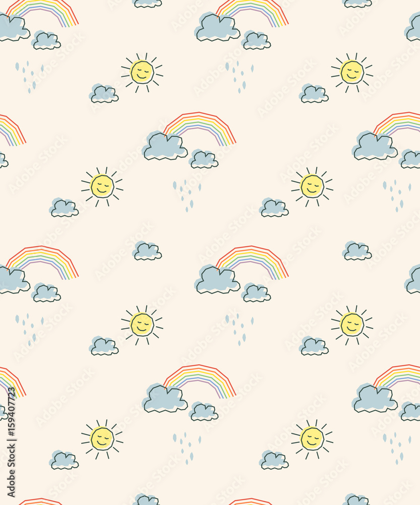 seamless pattern with sun, clouds and rainbows seamless pattern with sun, clouds and rainbows