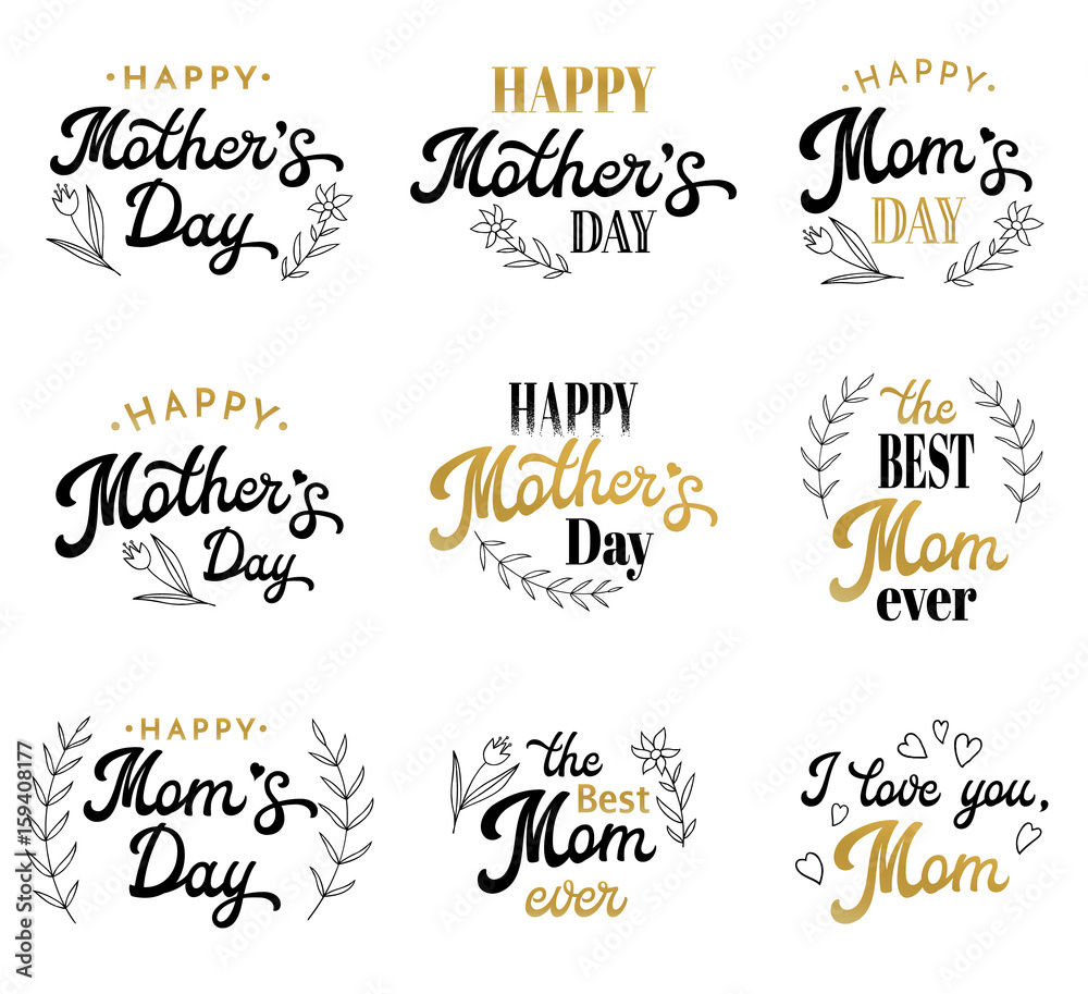 Mothers Day Hand Lettering Calligraphic Inscriptions Set with Hand-drawn Elements. Gold and Black Emblems and Badges Collection Isolated on White. Font Vector Illustration. Mothers Day Hand Lettering Calligraphic Inscriptions Set with Hand-drawn Elements. Gold and Black Emblems and Badges Collection Isolated on White. Font Vector Illustration.