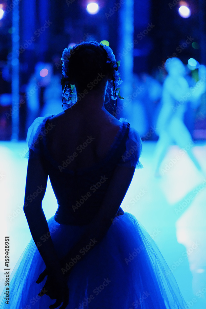 Obraz premium Silhouette of a ballerina standing behind the scenes of the theater