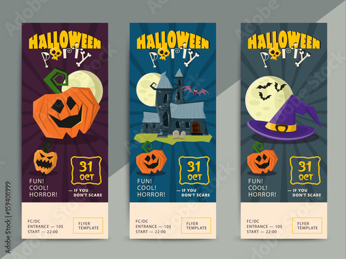 Happy Halloween party flyer template design. All hallow eve poster in scary cartoon style. All saint holiday club event admission or entrance ticket layout.
