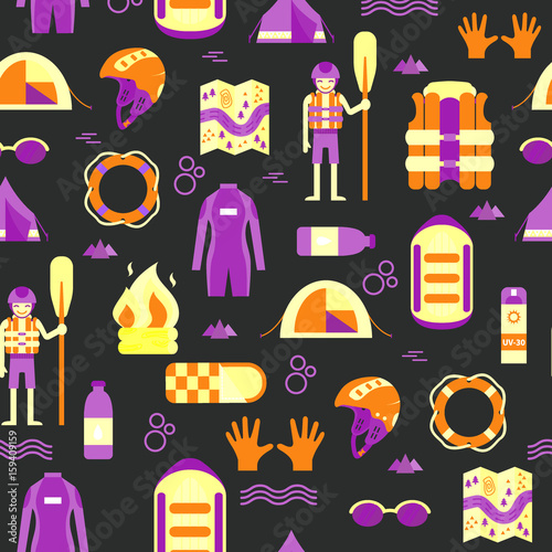 Vector seamless pattern with rafting and camping equipment. Could be used for apparels, wallpaper or as element of your own design. Flat style.