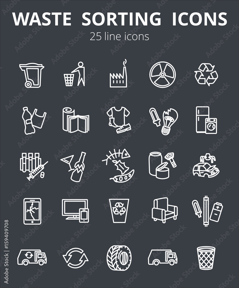 Simple Set of Garbage Related Vector Line Icons. Contains such Icons as Cardboard, Organic Waste, Plastic, Rubber, Paper Waste, Car repair Simple Set of Garbage Related Vector Line Icons. Contains such Icons as Cardboard, Organic Waste, Plastic, Rubber, Paper Waste, Car repair