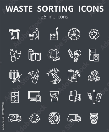 Simple Set of Garbage Related Vector Line Icons. Contains such Icons as Cardboard, Organic Waste, Plastic, Rubber, Paper Waste, Car repair