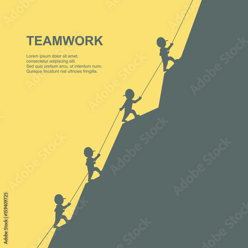 Leader help their friend to climb to the top of the mountain. Vector illustration.