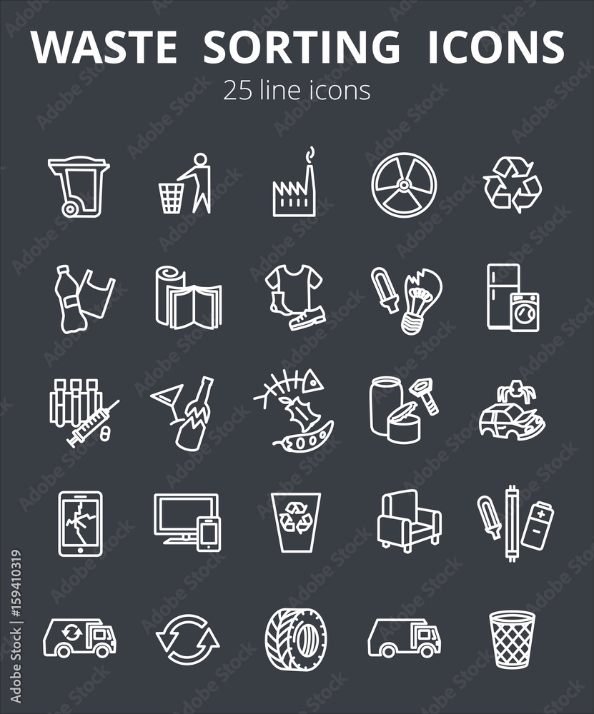 Simple Set of Garbage Related Vector Line Icons. Contains such Icons as Cardboard, Organic Waste, Plastic, Rubber, Paper Waste, Car repair