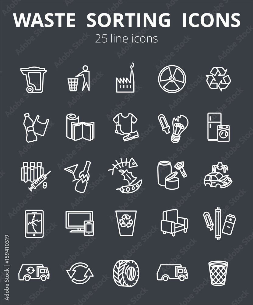 Simple Set of Garbage Related Vector Line Icons. Contains such Icons as Cardboard, Organic Waste, Plastic, Rubber, Paper Waste, Car repair Simple Set of Garbage Related Vector Line Icons. Contains such Icons as Cardboard, Organic Waste, Plastic, Rubber, Paper Waste, Car repair