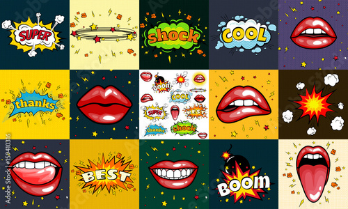 Seamless pattern cartoon comic super speech bubble labels with text, sexy open red lips with teeth, retro cartoon vector pop art illustration, halftone dot vintage effect background