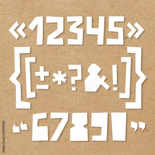 Fototapeta Naklejka Na Ścianę i Meble -  Rough numbers and symbols including brackets, curly braces, exclamation and question marks, quotation marks, ampersand, asterisk, plus, minus, dash or hyphen cut out of paper on cardboard background