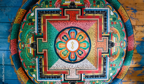 Beautiful painting on ceiling, inside wall of Chain Bridge, Paro, Bhutan