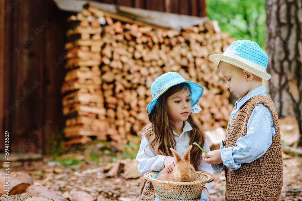 Obraz premium little boy and girl playing with rabbit in village