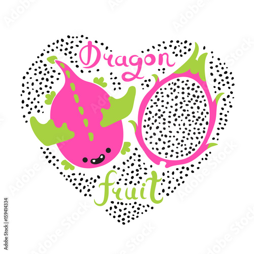 Print with heart and dragon fruit. Vegan food. Summer cute vector illustration