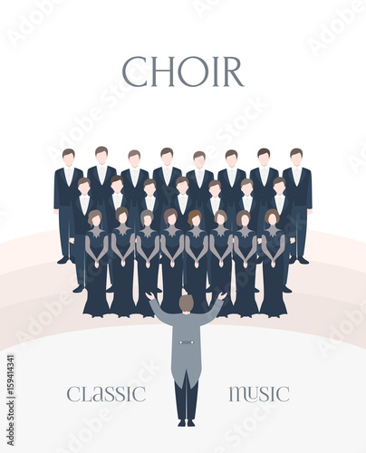 Vertical advertising poster of performance classical choir. Man and woman singers together with conductor. Colorful vector illustration in flat style with lettering.