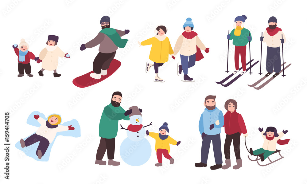 Set of winter games. Different people entertainment in winter sports. Friends, couples with children skate, ski, snowboard, make snowman. Colorful vector illustration in cartoon style.